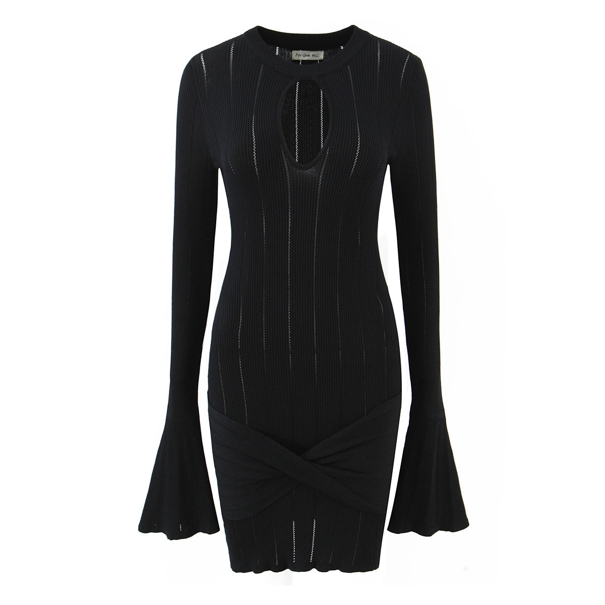Women’s knitted bodycon dress, black, flared long sleeves and oval chest cutout
