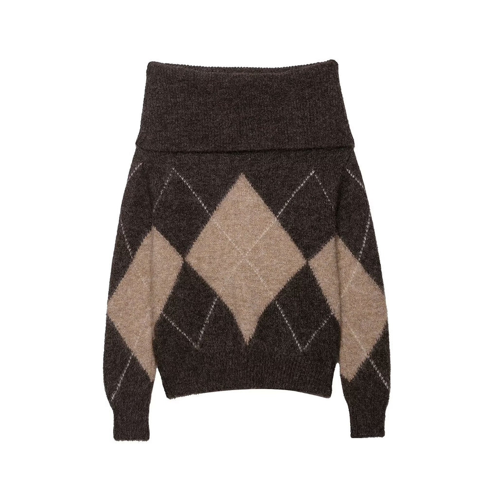 Early Autumn Women Clothing Commuting Casual All Matching Pullover Diamond Pattern Shoulder Baring Sweater Sweater