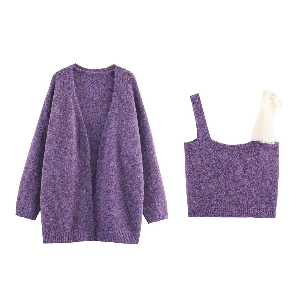 Women Lace Collared Blouse Shoulder Strap Two Piece Knitted Cardigan Set