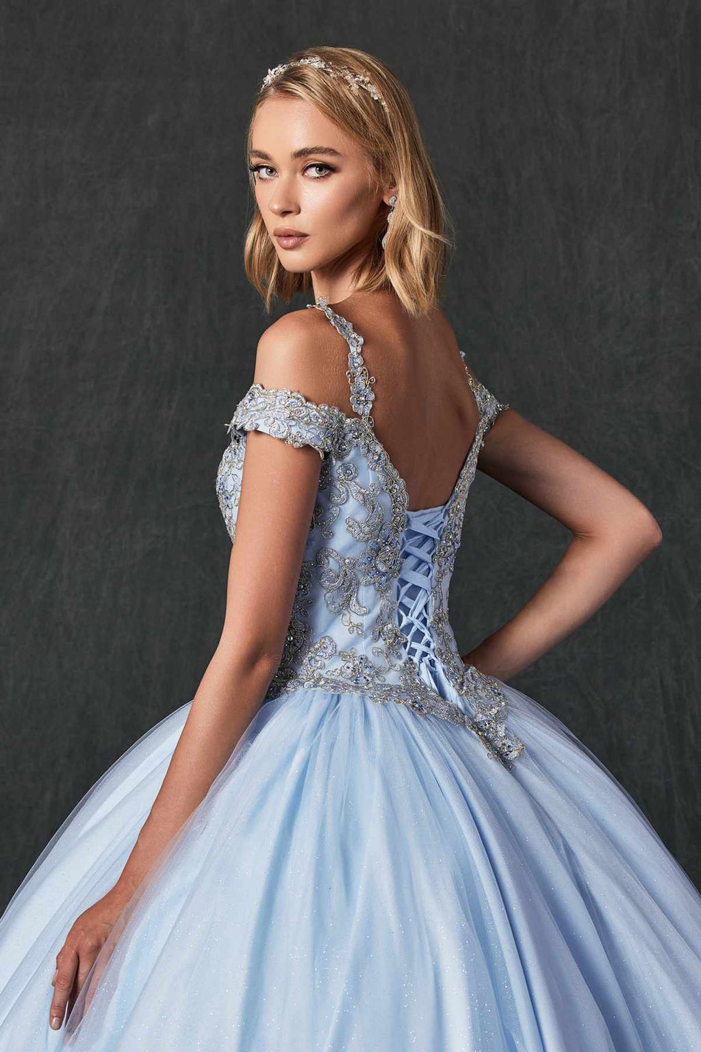 Light blue embroidered tulle ball gown with glitter corset bodice, off-shoulder cap sleeves