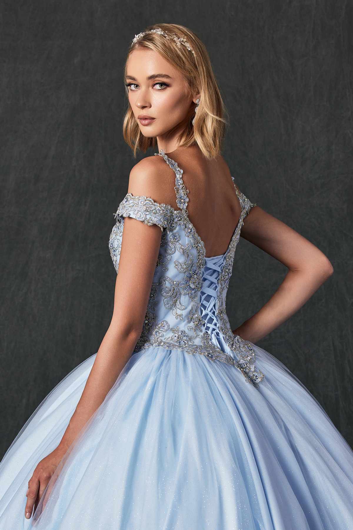 Light blue embroidered tulle ball gown with glitter corset bodice, off-shoulder cap sleeves