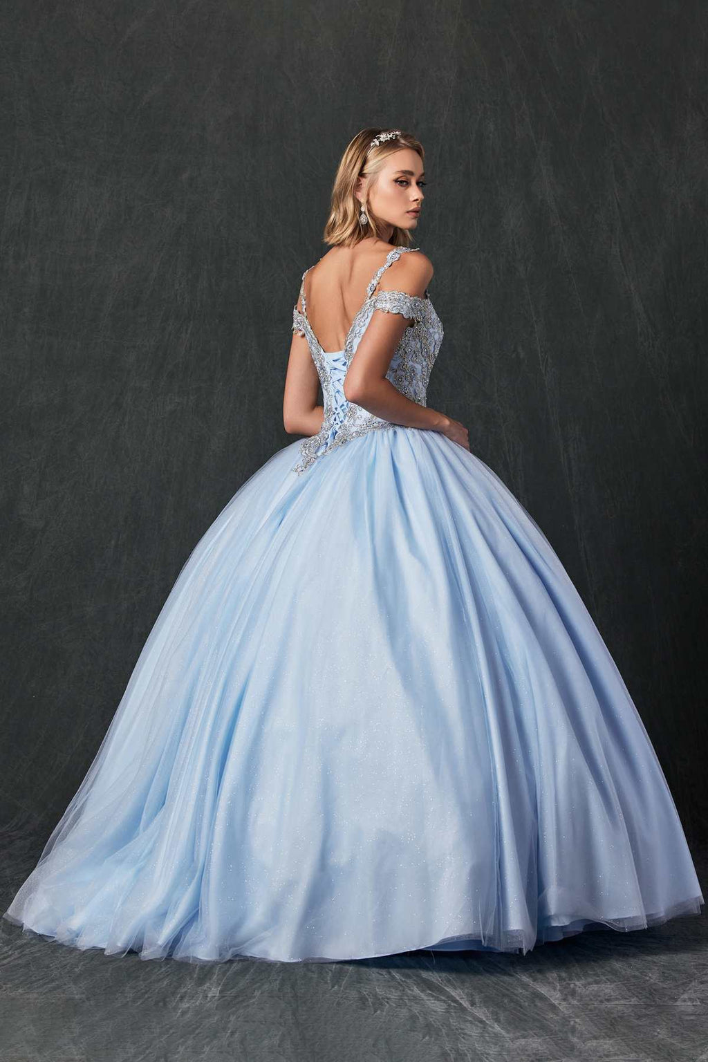 Light blue tulle ball gown with embroidered corset bodice, short off-shoulder sleeves