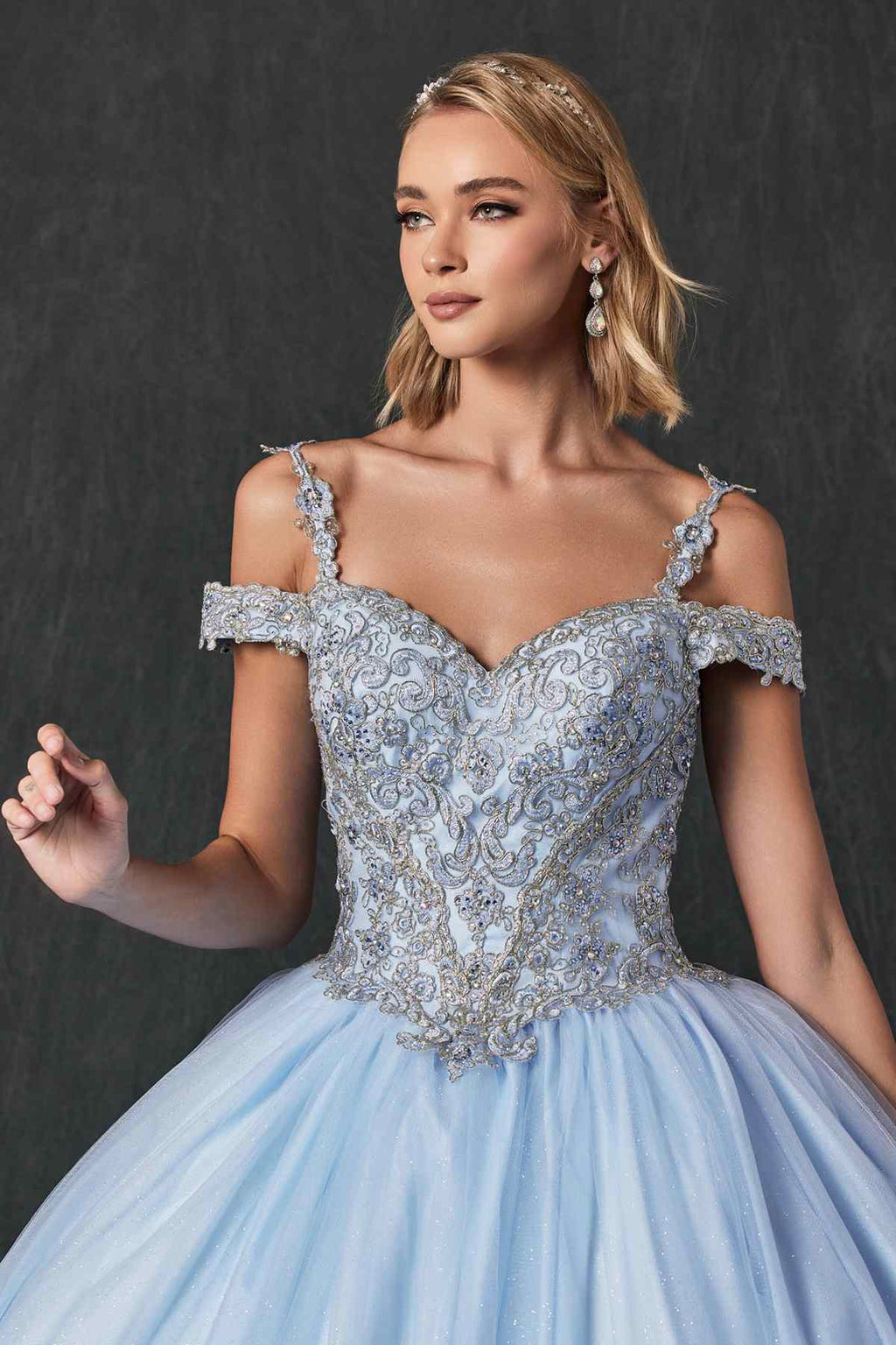 Light blue embroidered off-shoulder ball gown with glitter bodice and tulle skirt