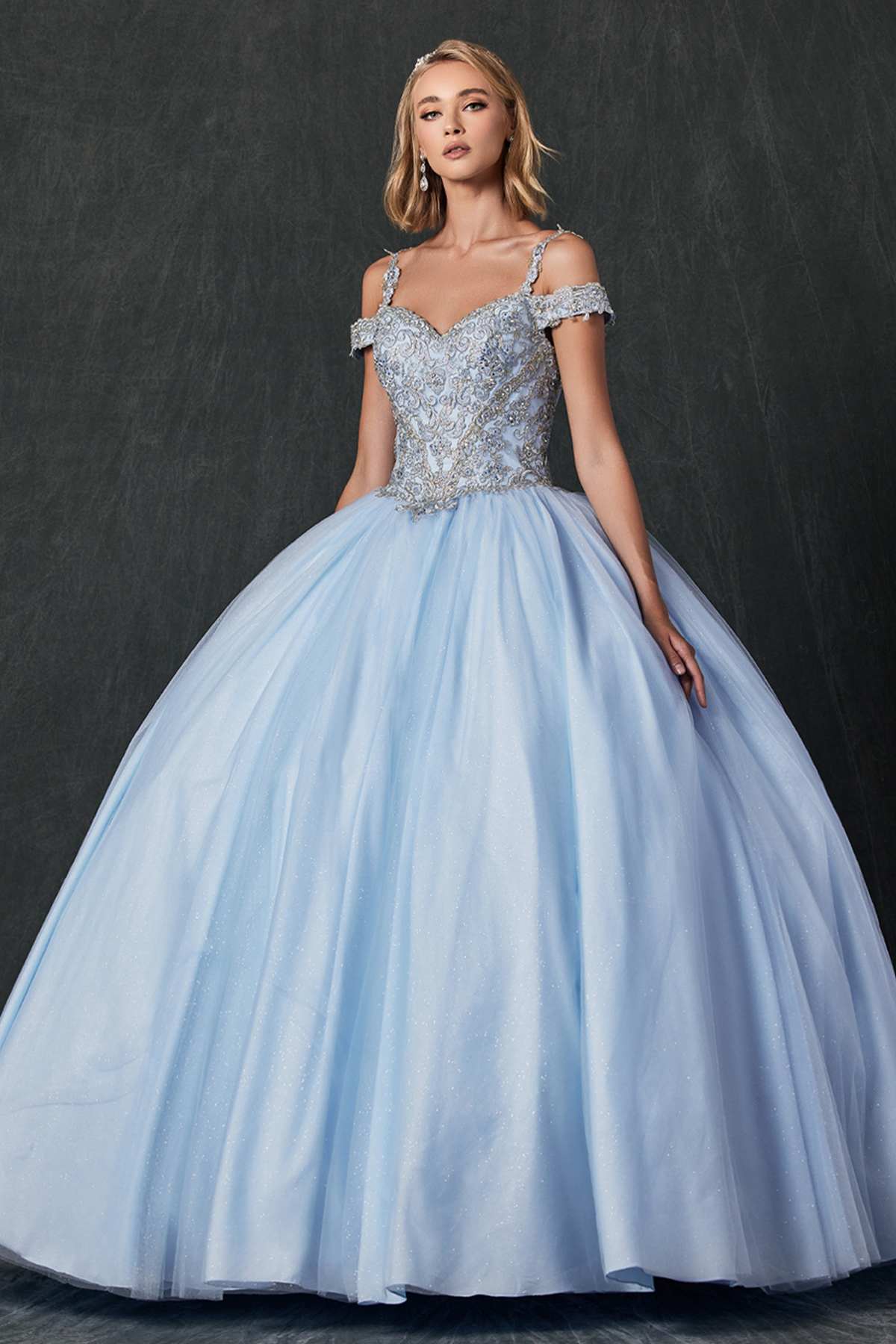Sky blue embroidered tulle ball gown with off-shoulder glitter bodice and full skirt