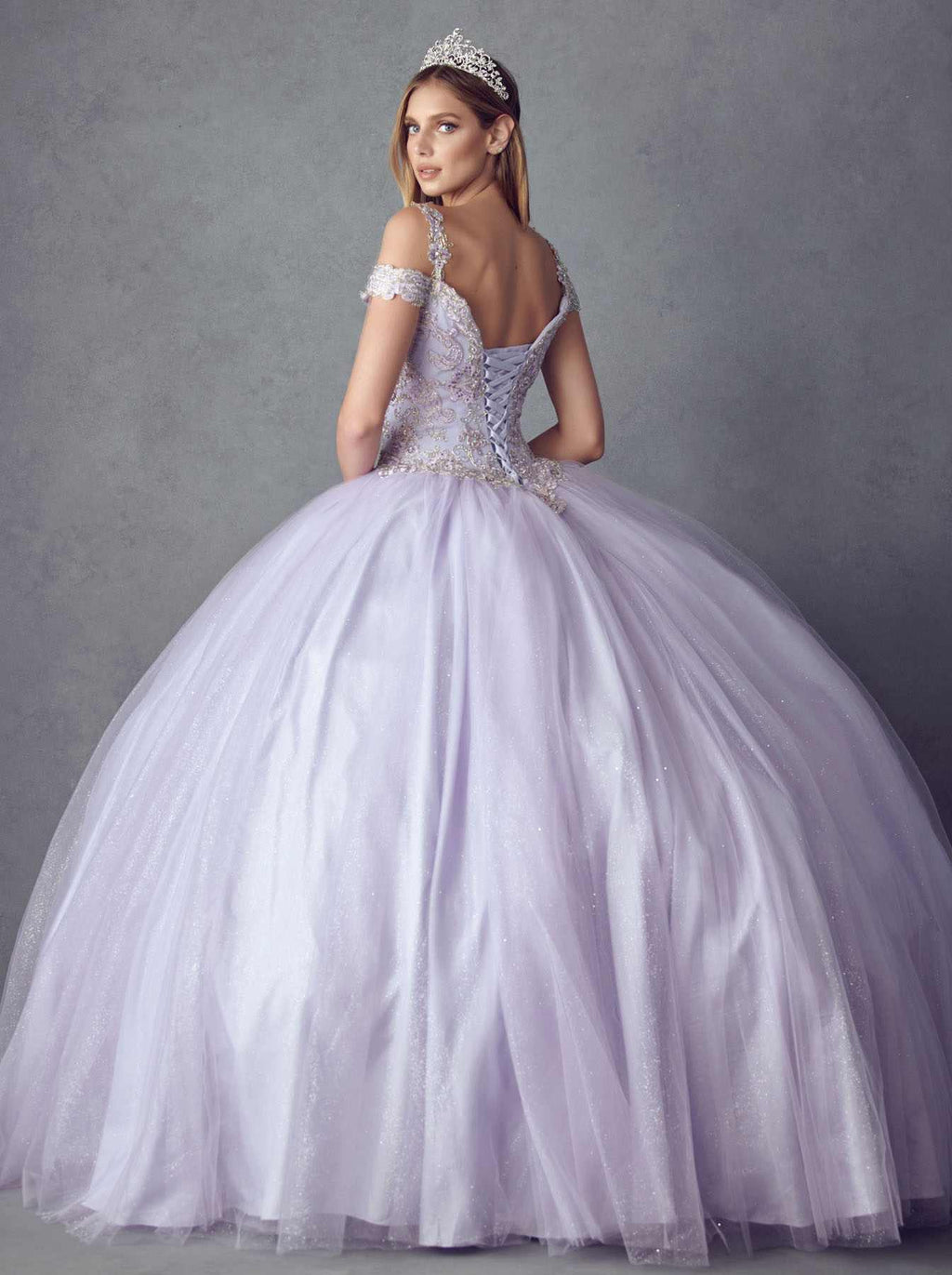 Lavender ball gown with sparkle embroidered corset bodice, off-shoulder cap sleeves, full tulle