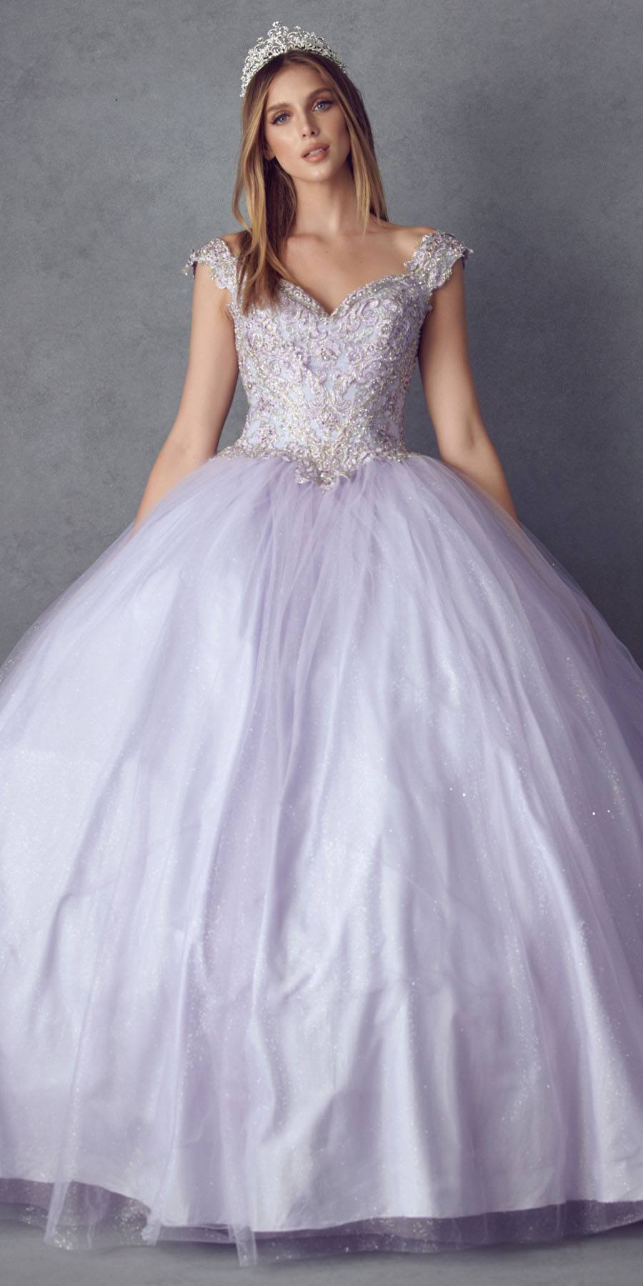Lilac embroidered ball gown with off-shoulder glitter bodice, full tulle skirt