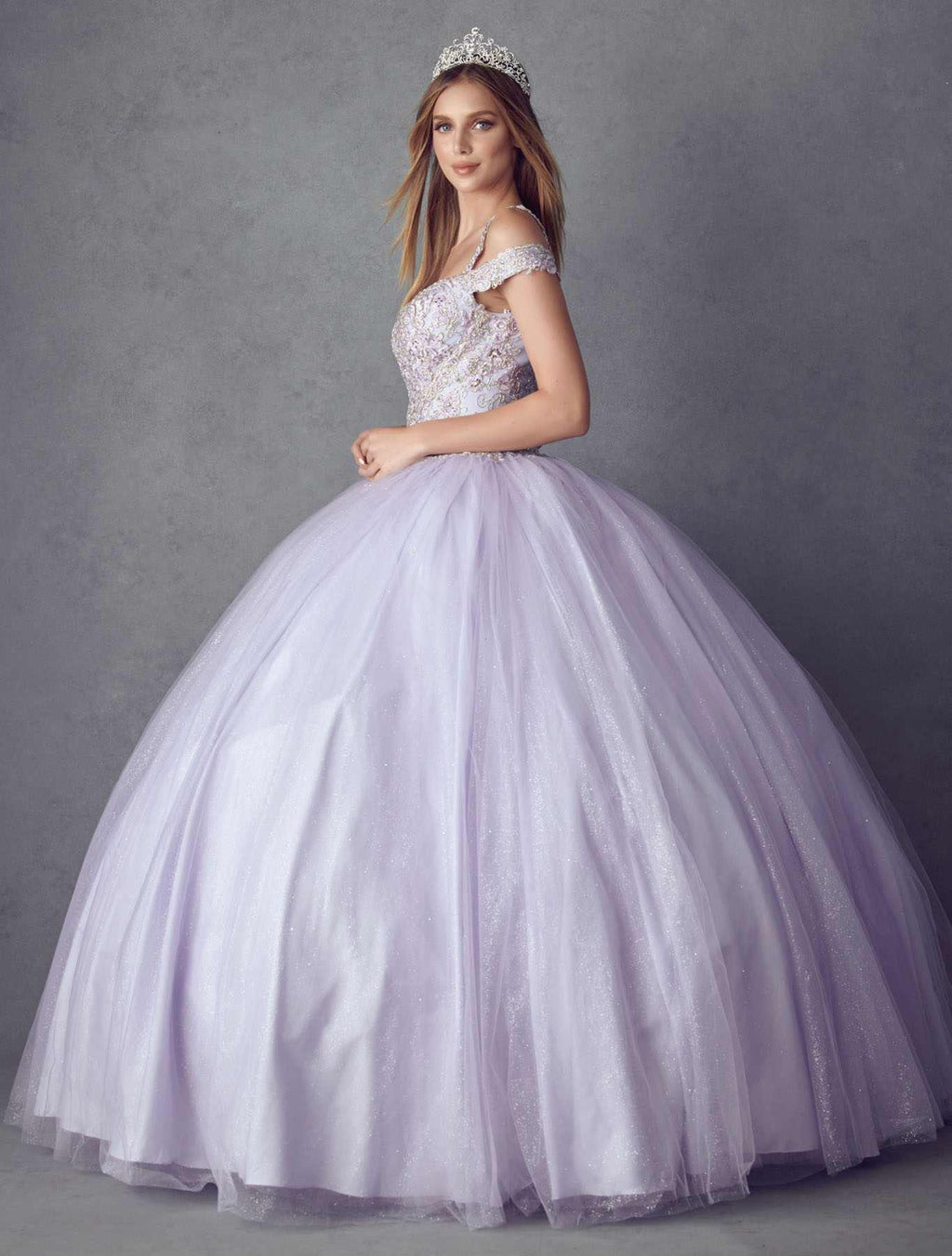 Lavender embroidered tulle ball gown with glitter bodice, short sleeves, layered full skirt