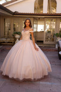 Light pink off-shoulder ball gown with embellished bodice and full tulle skirt
