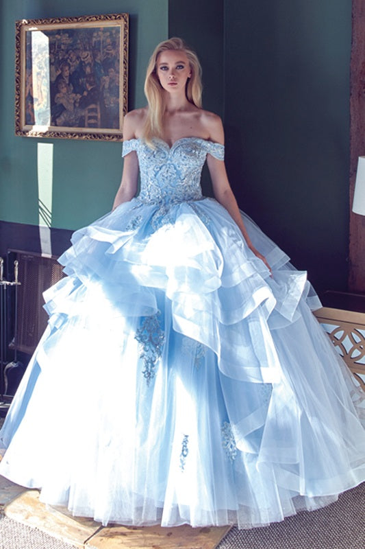 Light blue off-shoulder ball gown with tiered tulle skirt and metallic lace bodice
