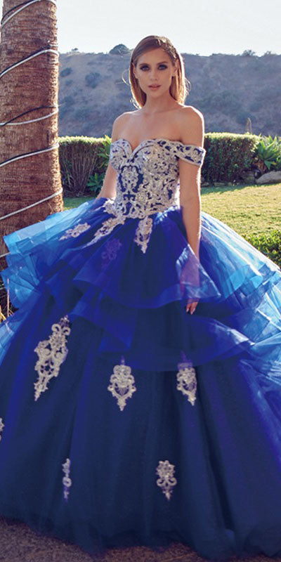 Royal blue off-shoulder ball gown with embroidered glitter bodice and tiered tulle skirt