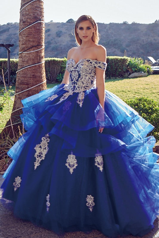Off-shoulder blue tulle ball gown with metallic floral embroidery and layered skirt