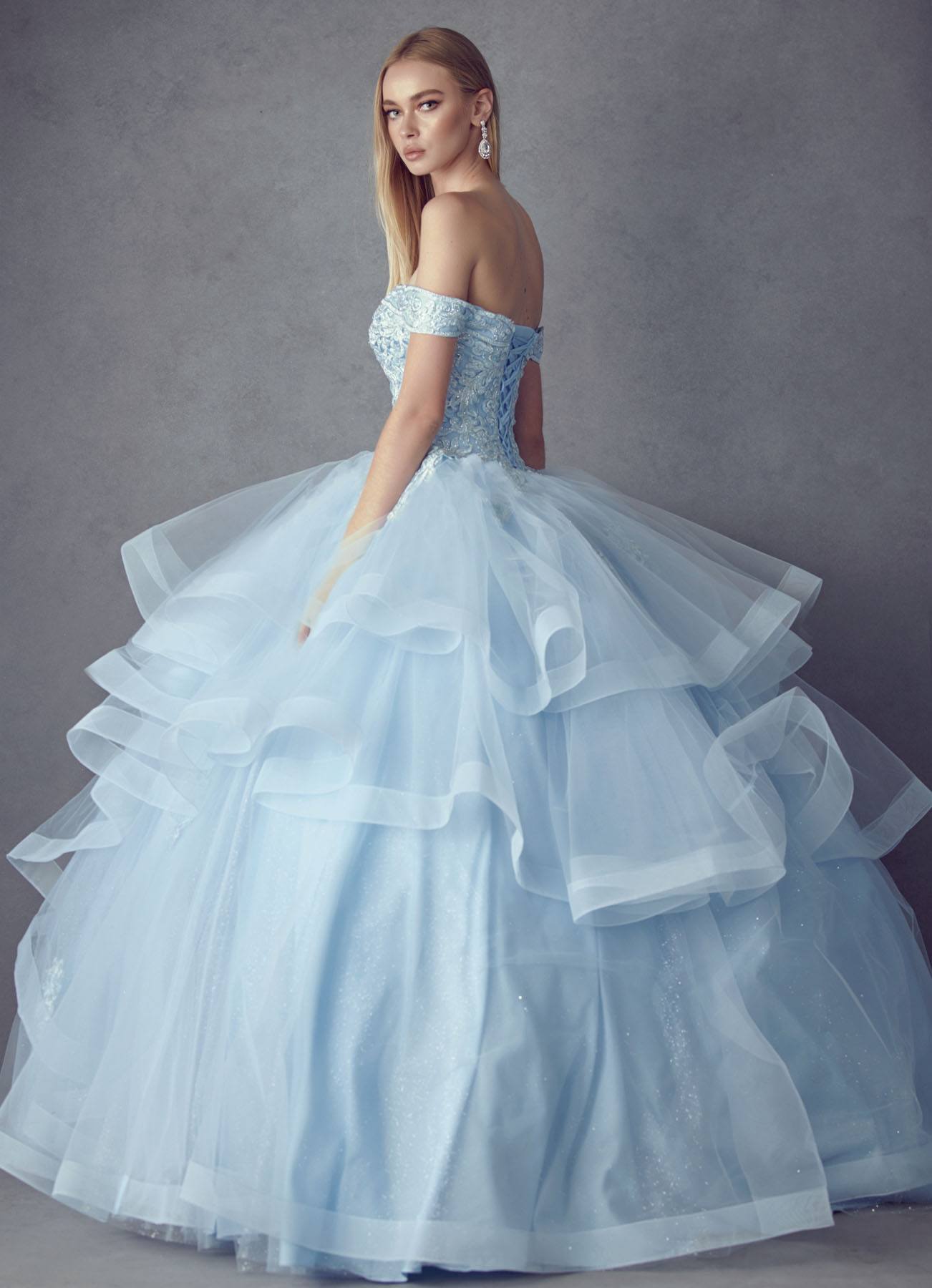 Light blue off-shoulder ball gown with layered tulle skirt and sparkling corset bodice