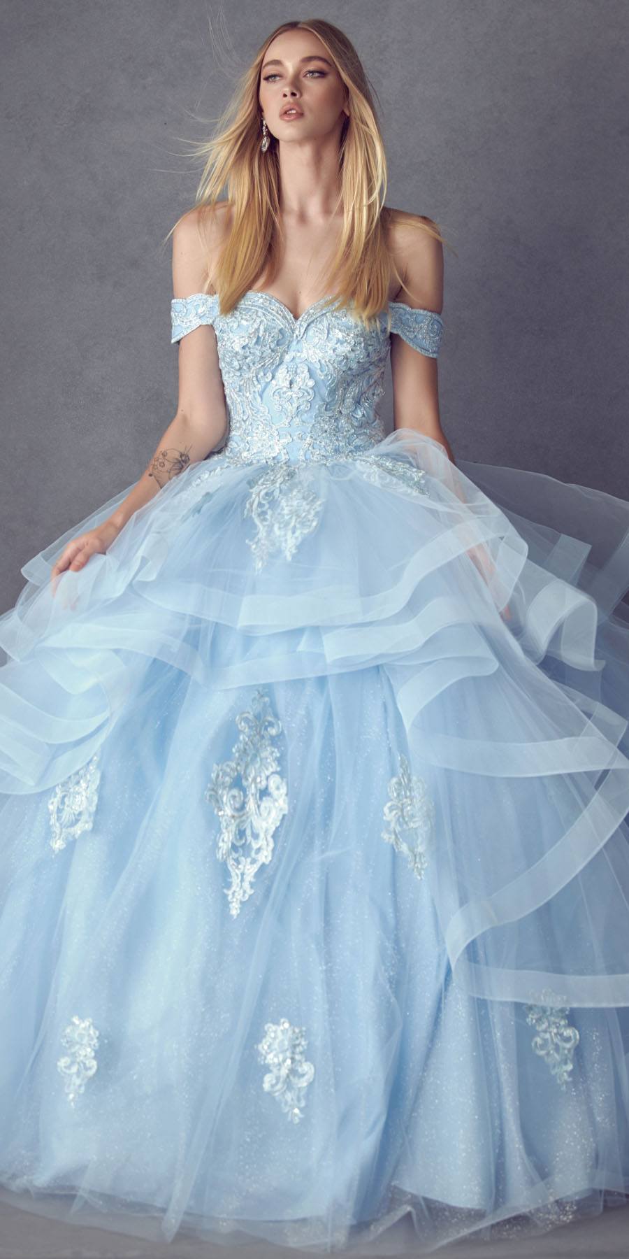 Light blue off-shoulder ball gown with ruffled tulle layers and ornate lace details