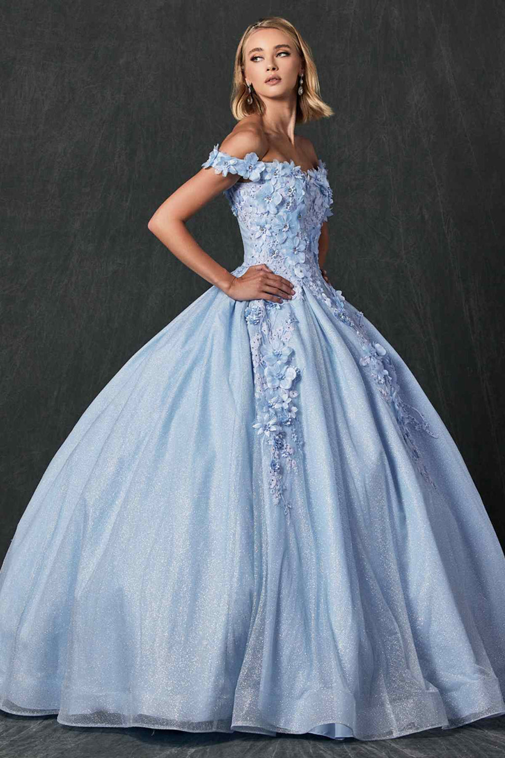 Light blue corset-style ball gown dress with off-shoulder ruffles, 3D floral embroidery, full skirt