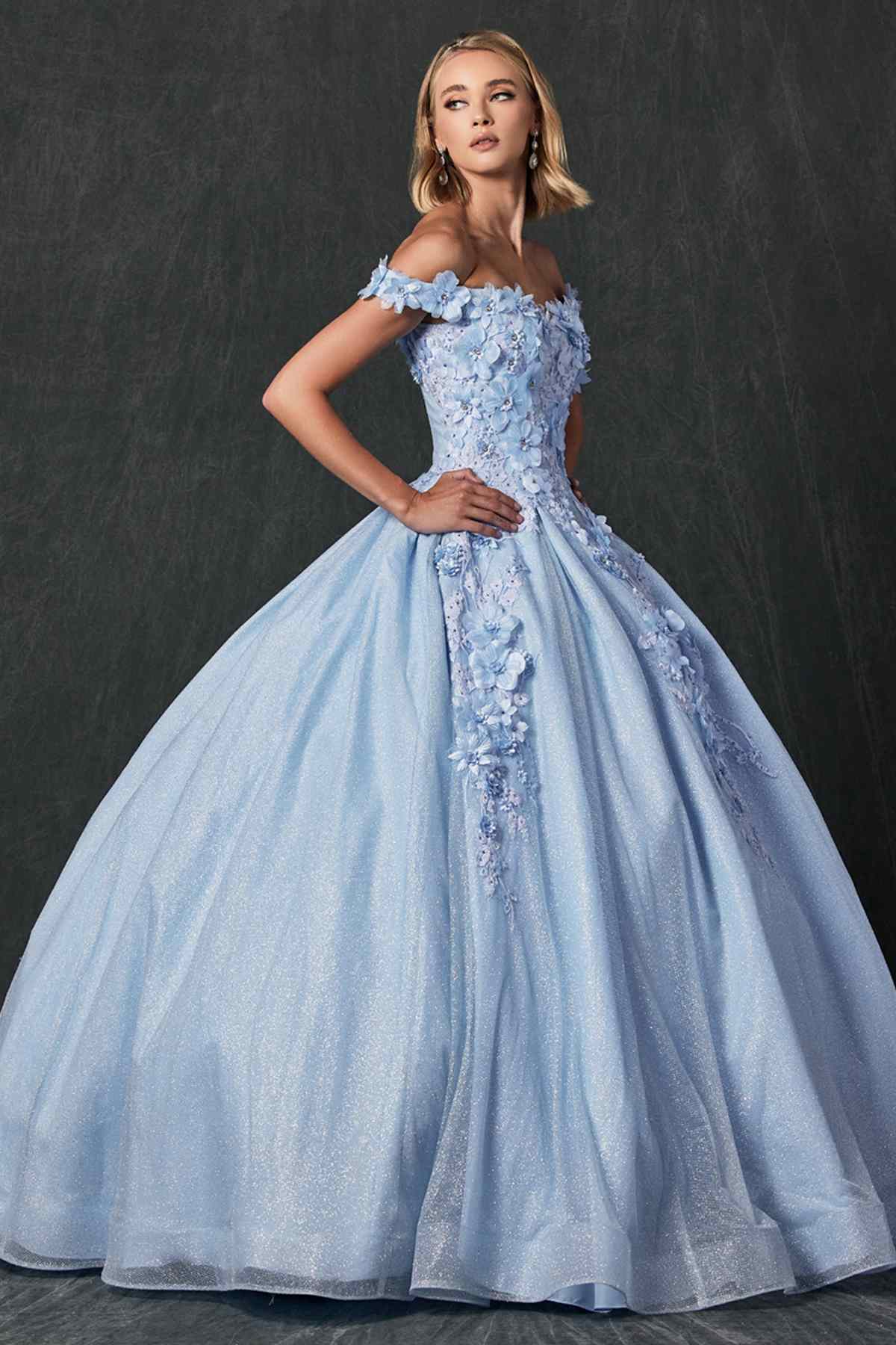 Light blue corset-style ball gown dress with off-shoulder ruffles, 3D floral embroidery, full skirt