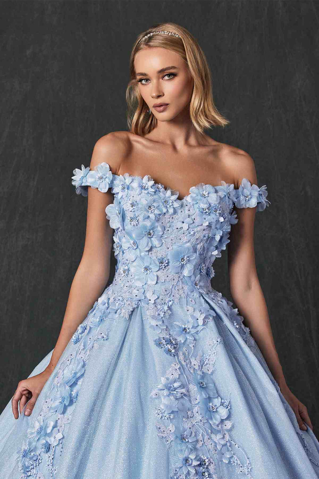 Light blue off-shoulder ball gown bodice with 3D floral embroidery and ruffle sleeve details