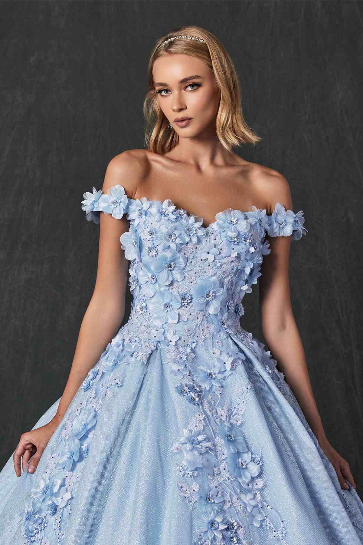 Light blue off-shoulder ball gown bodice with 3D floral embroidery and ruffle sleeve details