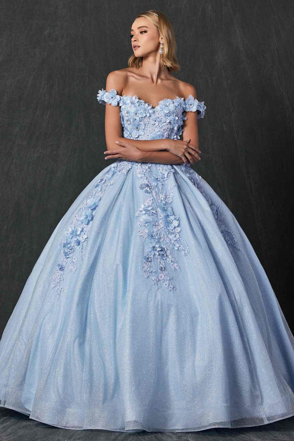 Light blue off-shoulder ball gown dress with 3D floral appliques and full tulle skirt