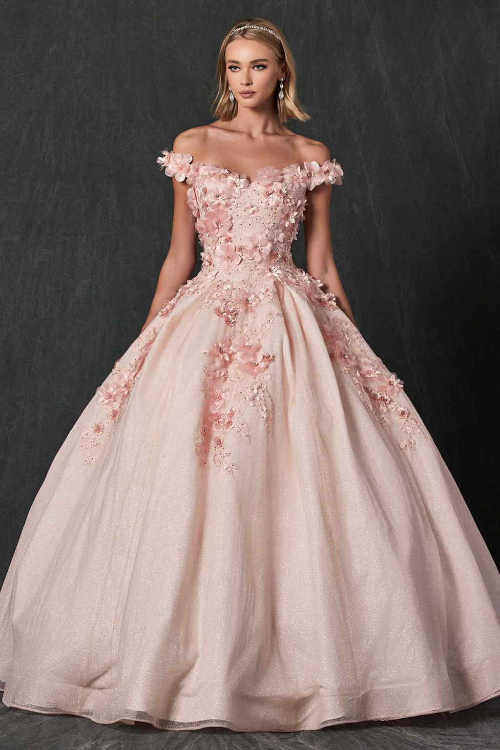 Blush off-shoulder ball gown with 3D floral appliqués and embroidered bodice, full tulle skirt