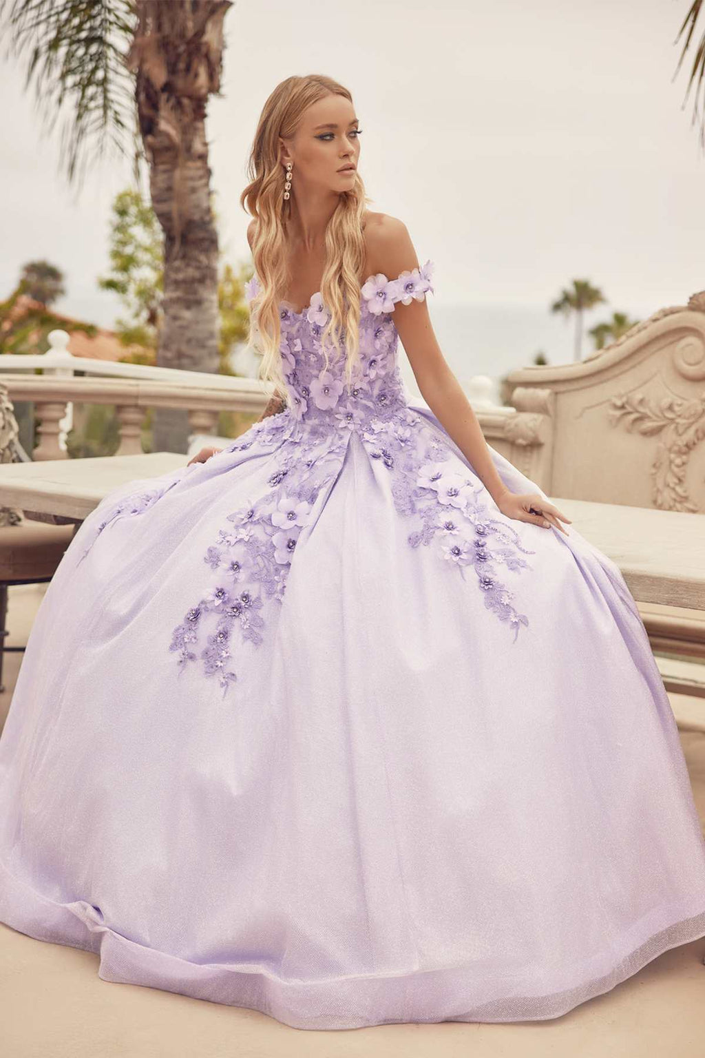 Lilac off-shoulder ball gown with 3D floral appliqués and embroidered bodice, full skirt