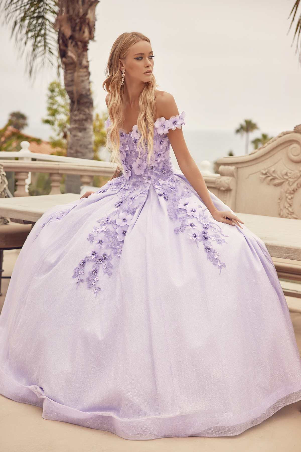 Lilac off-shoulder ball gown with 3D floral appliqués and embroidered bodice, full skirt