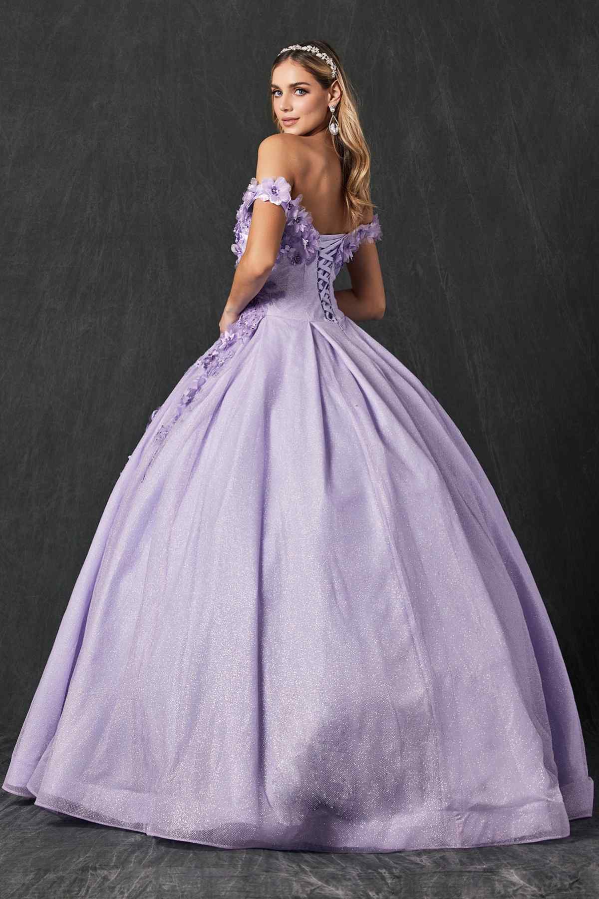 Lilac ball gown with off-shoulder floral appliqué trim, ruched bodice, wide skirt