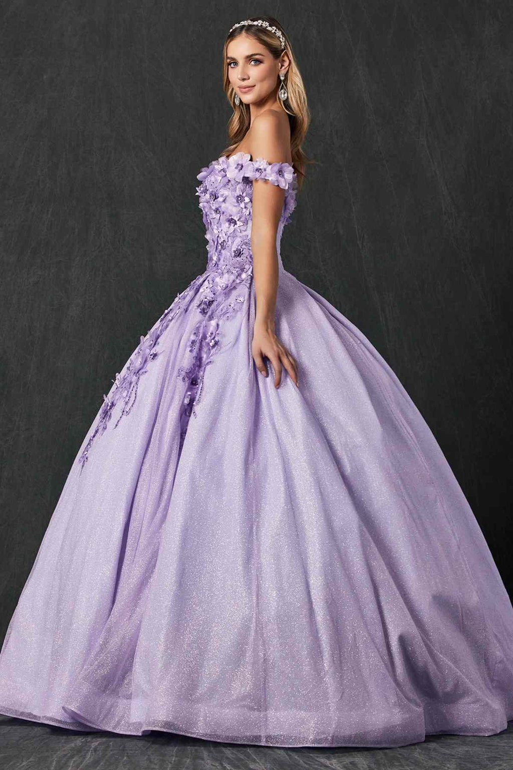 Lilac off-shoulder ball gown with 3D floral lace shoulder trim and full tulle skirt