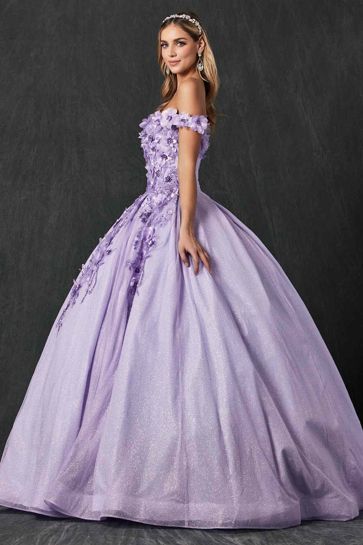 Lilac off-shoulder ball gown with 3D floral lace shoulder trim and full tulle skirt