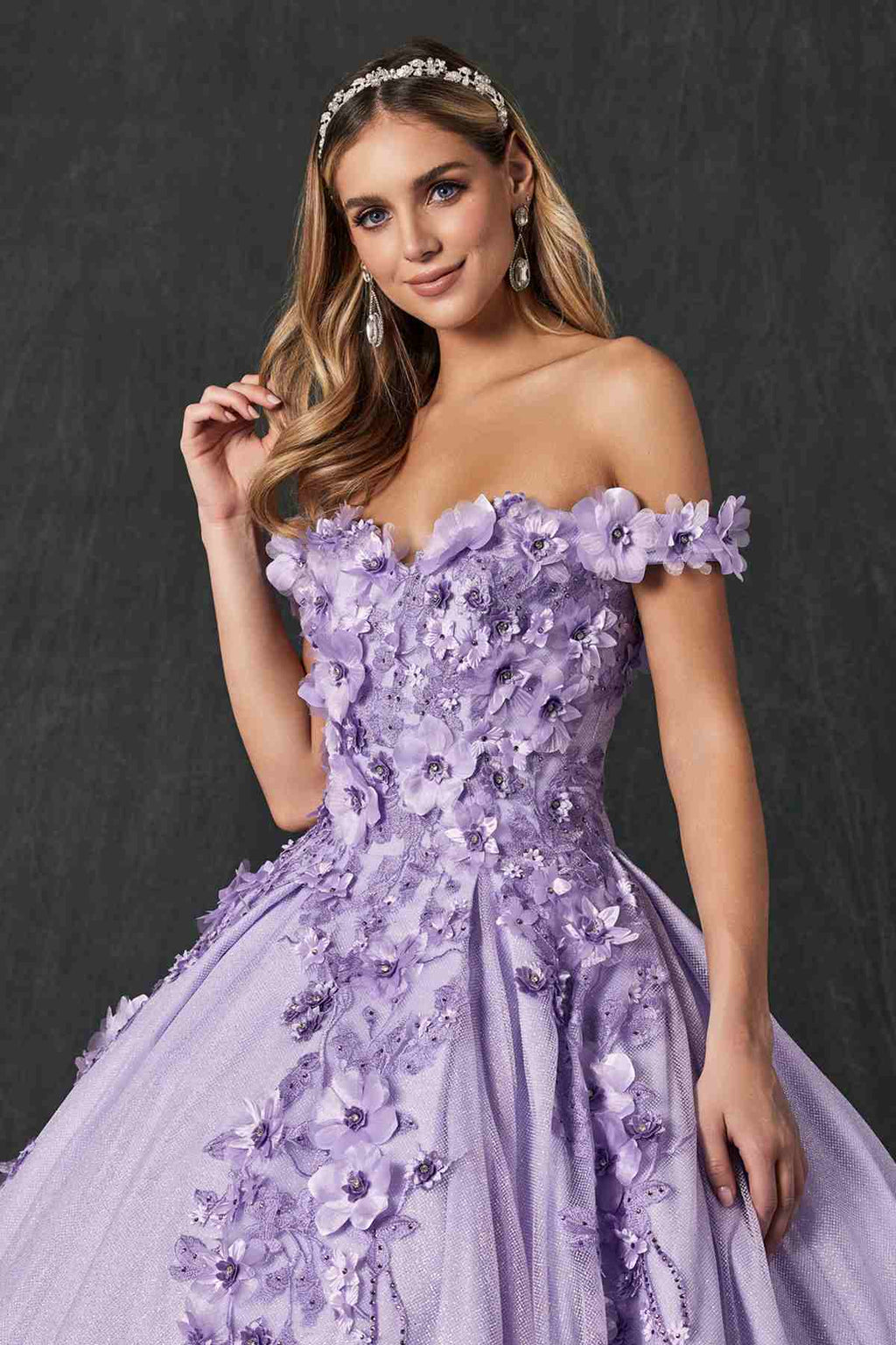 Lilac off-shoulder bodice with 3D floral appliqués and textured embroidered pattern