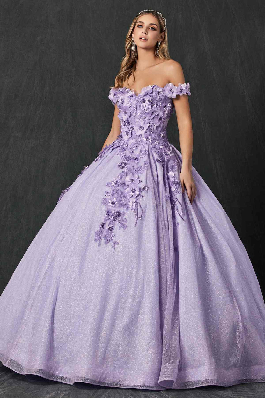 Lilac off-shoulder ball gown with layered 3D floral lace appliqués and full tulle skirt
