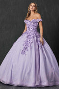 Lilac off-shoulder ball gown with layered 3D floral lace appliqués and full tulle skirt