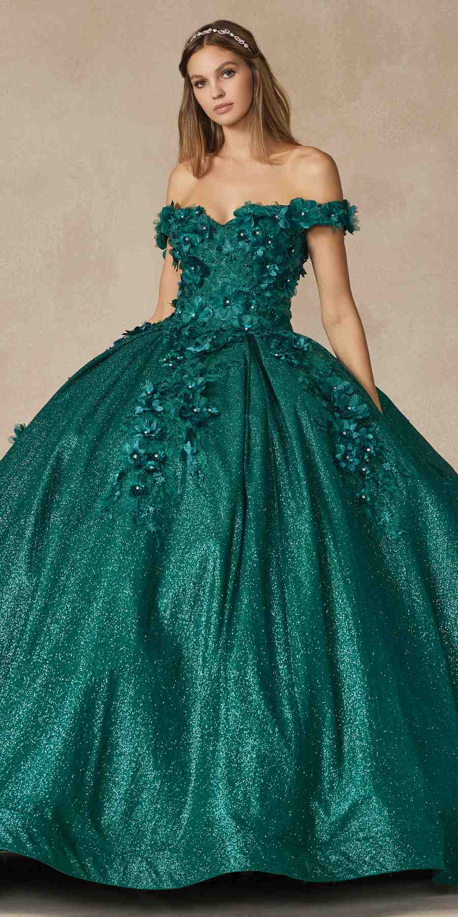 Green off-shoulder ball gown dress with glitter texture, floral appliques, and voluminous skirt