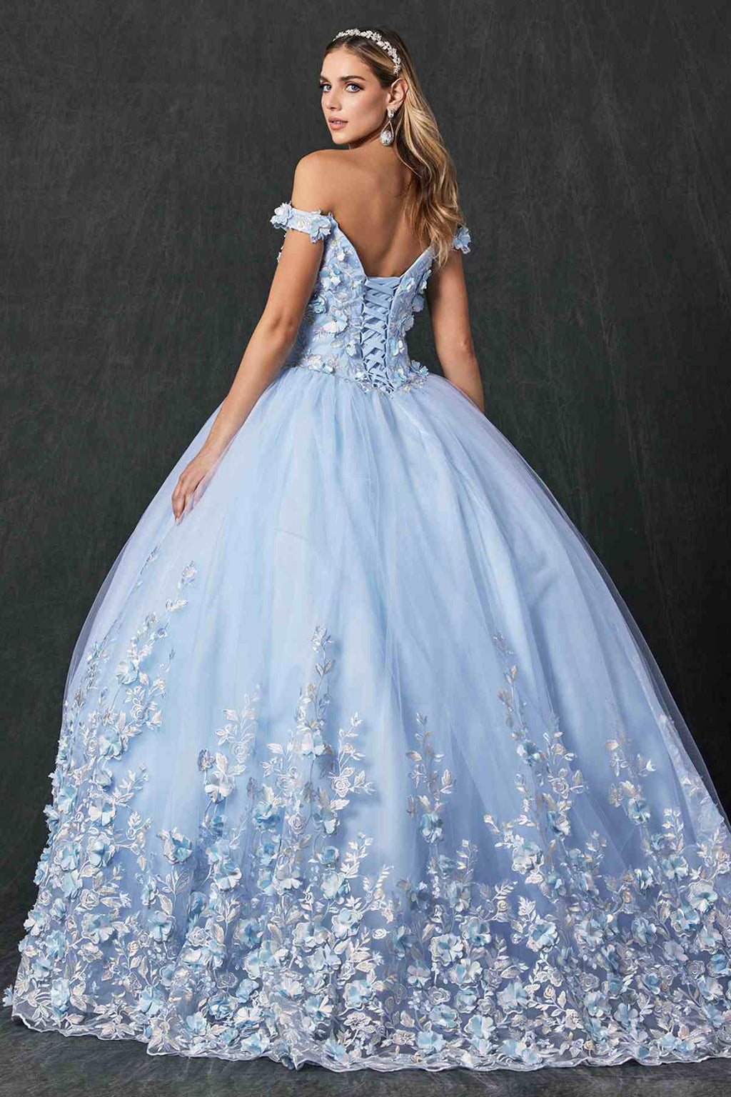 Bahama blue quinceanera ball gown, off-shoulder straps, fitted corset bodice, full floral skirt