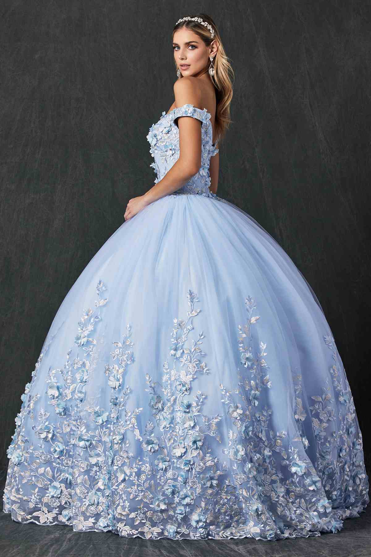 Bahama blue quinceanera ball gown from side view, off-shoulder bodice with 3D floral appliques