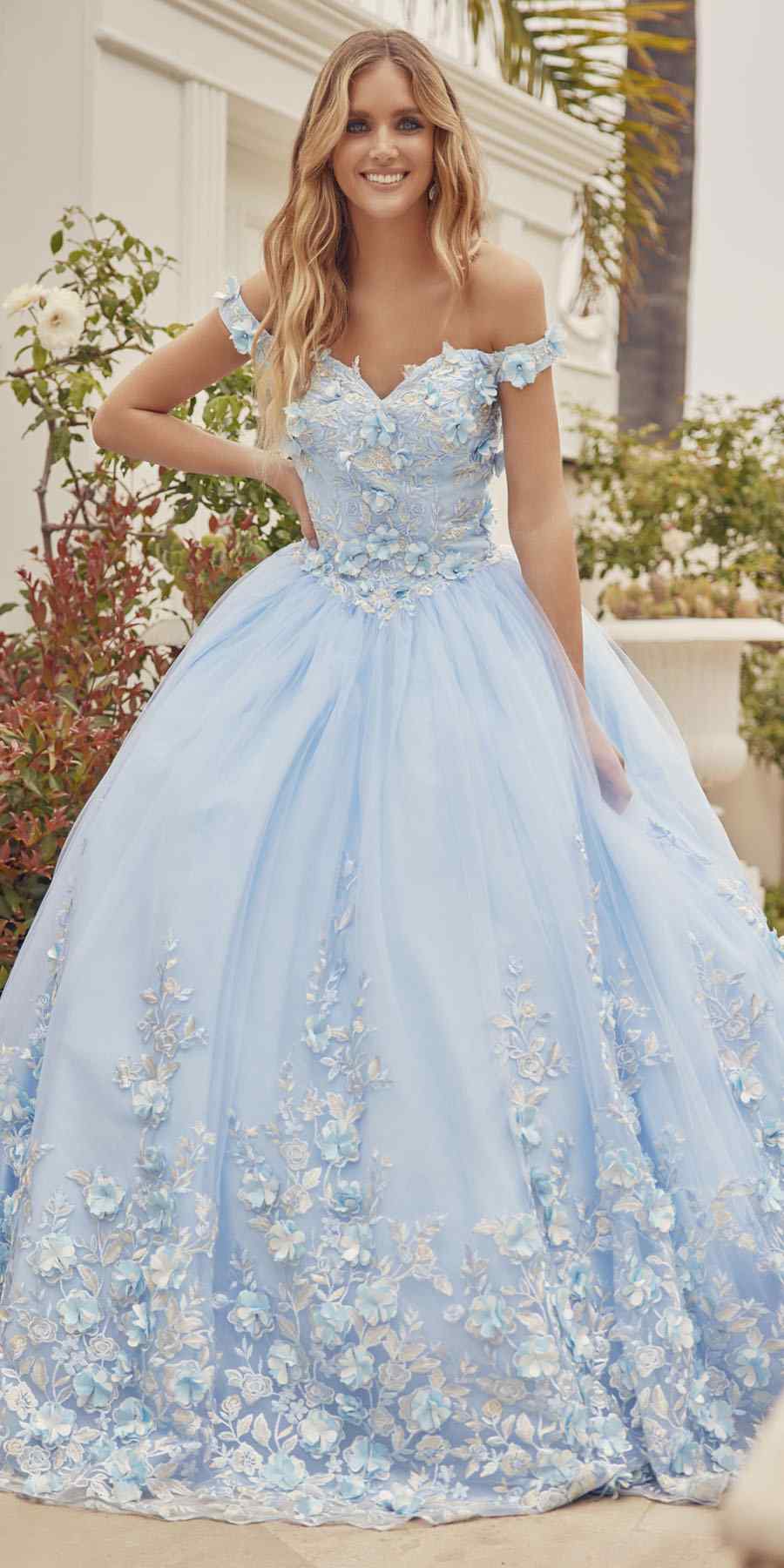 Bahama blue quinceanera ball gown with off-shoulder ruffled bodice and 3D floral embroidery