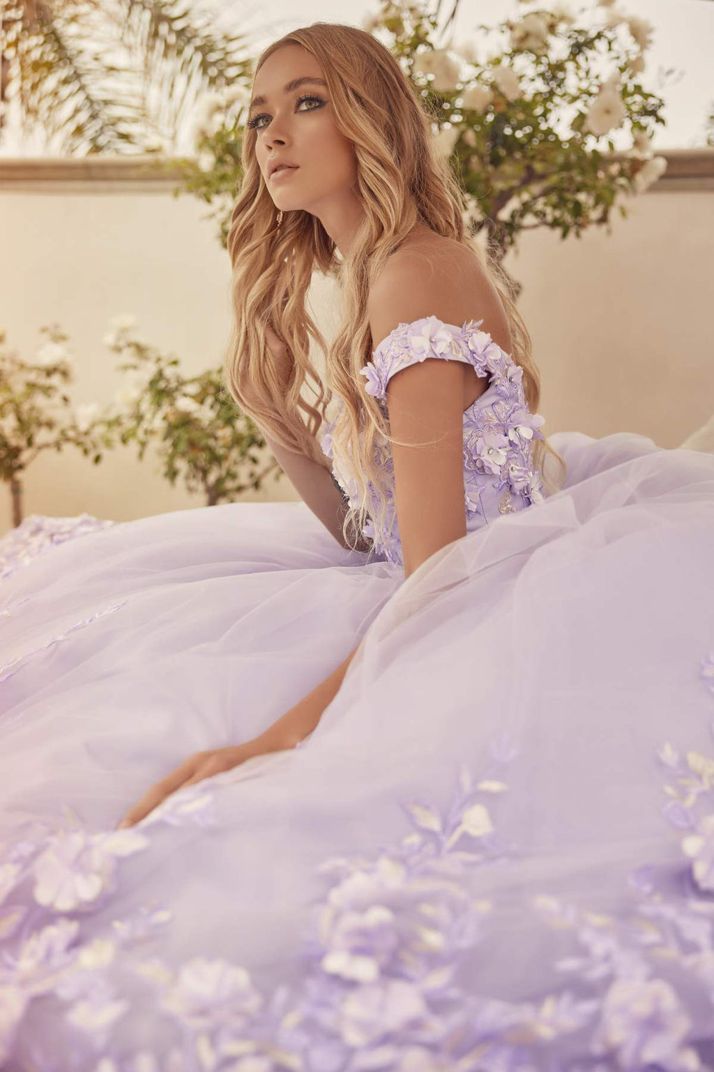Lilac quinceanera ball gown draped style, off-shoulder bodice with 3D floral embroidery