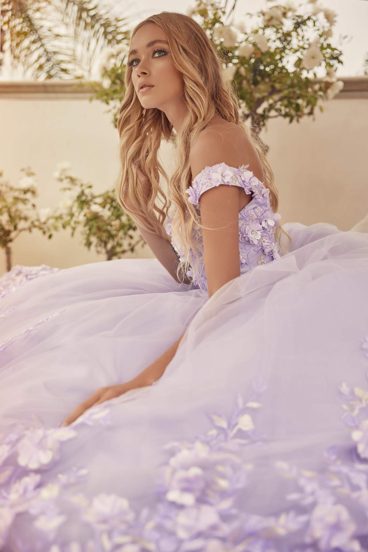 Lilac quinceanera ball gown draped style, off-shoulder bodice with 3D floral embroidery