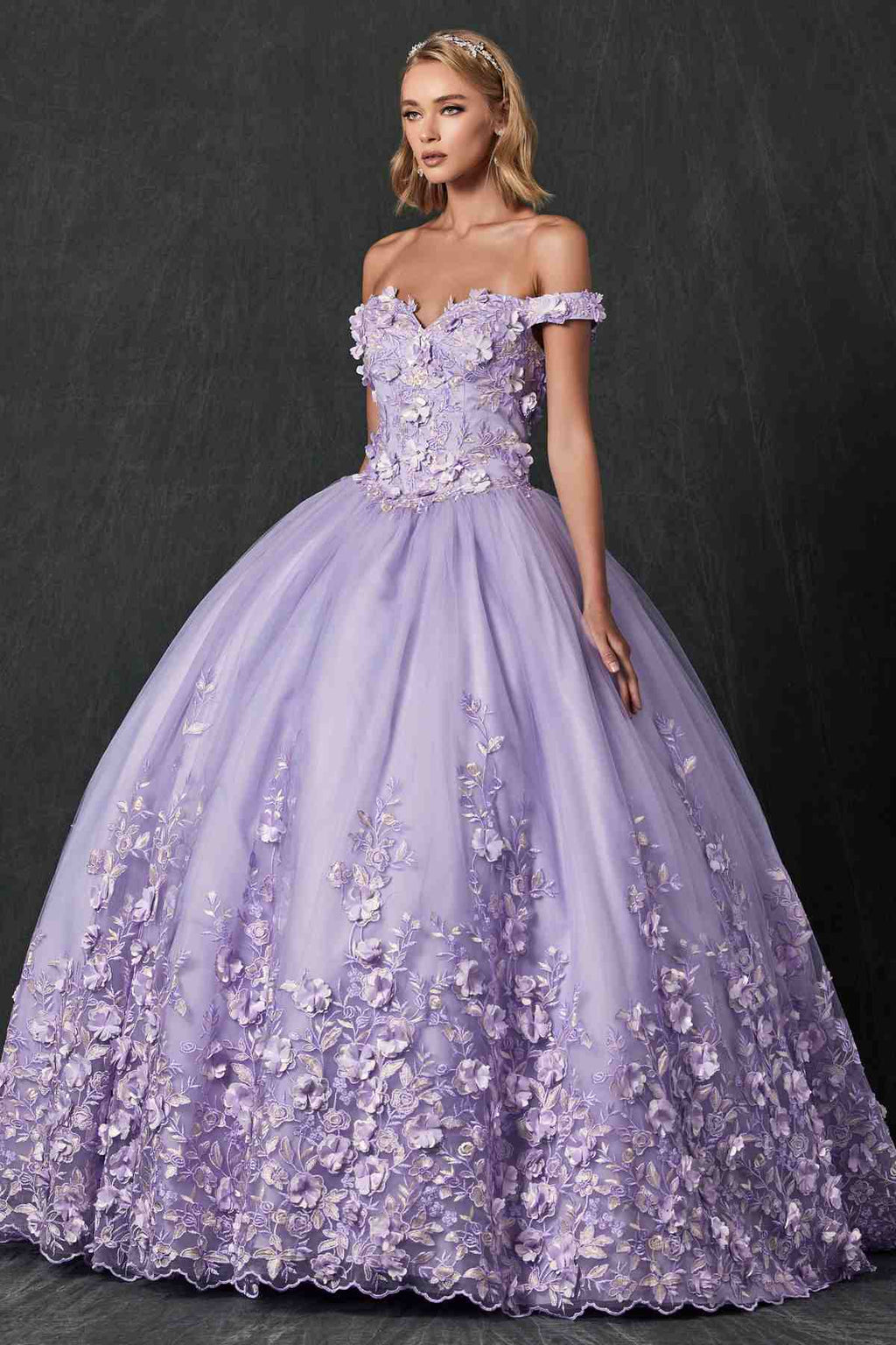 Lilac quinceanera ball gown front view with off-shoulder neckline and 3D floral embroidery skirt