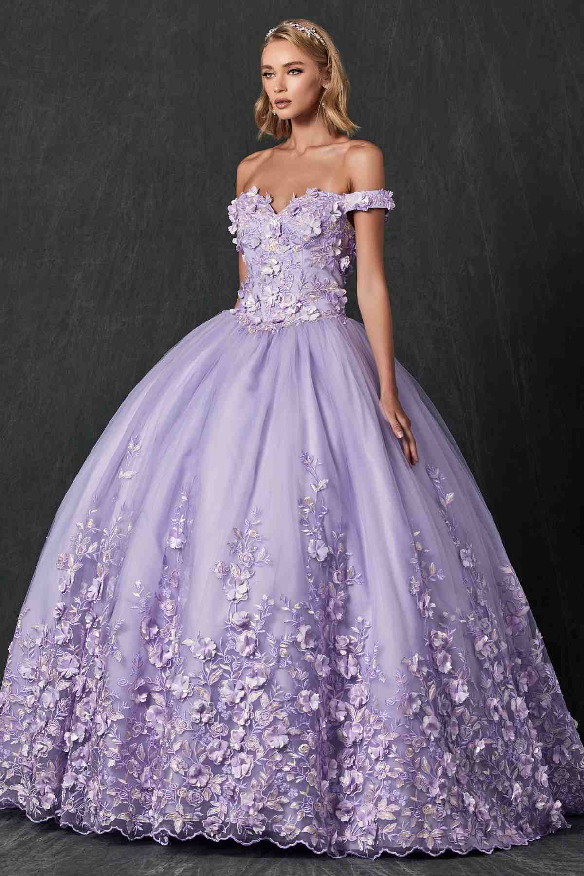 Lilac quinceanera ball gown front view with off-shoulder neckline and 3D floral embroidery skirt