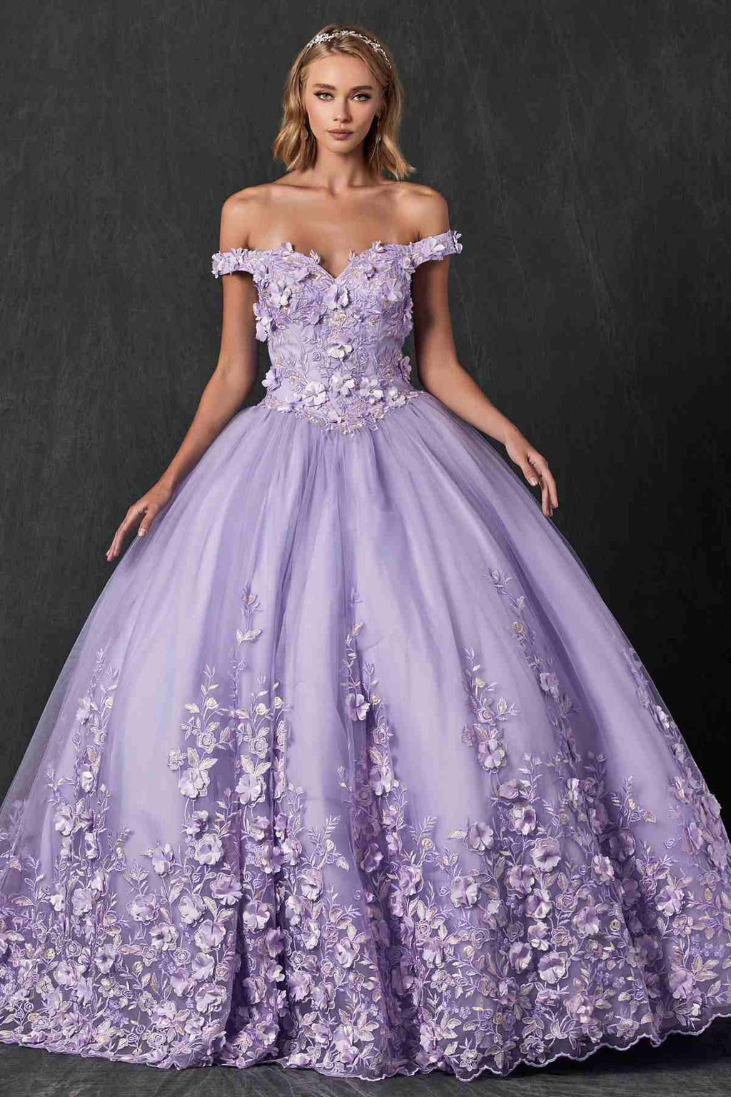 Lilac quinceanera ball gown with off-shoulder neckline, corset bodice, and 3D floral lace skirt