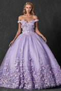 Lilac quinceanera ball gown with off-shoulder neckline, corset bodice, and 3D floral lace skirt