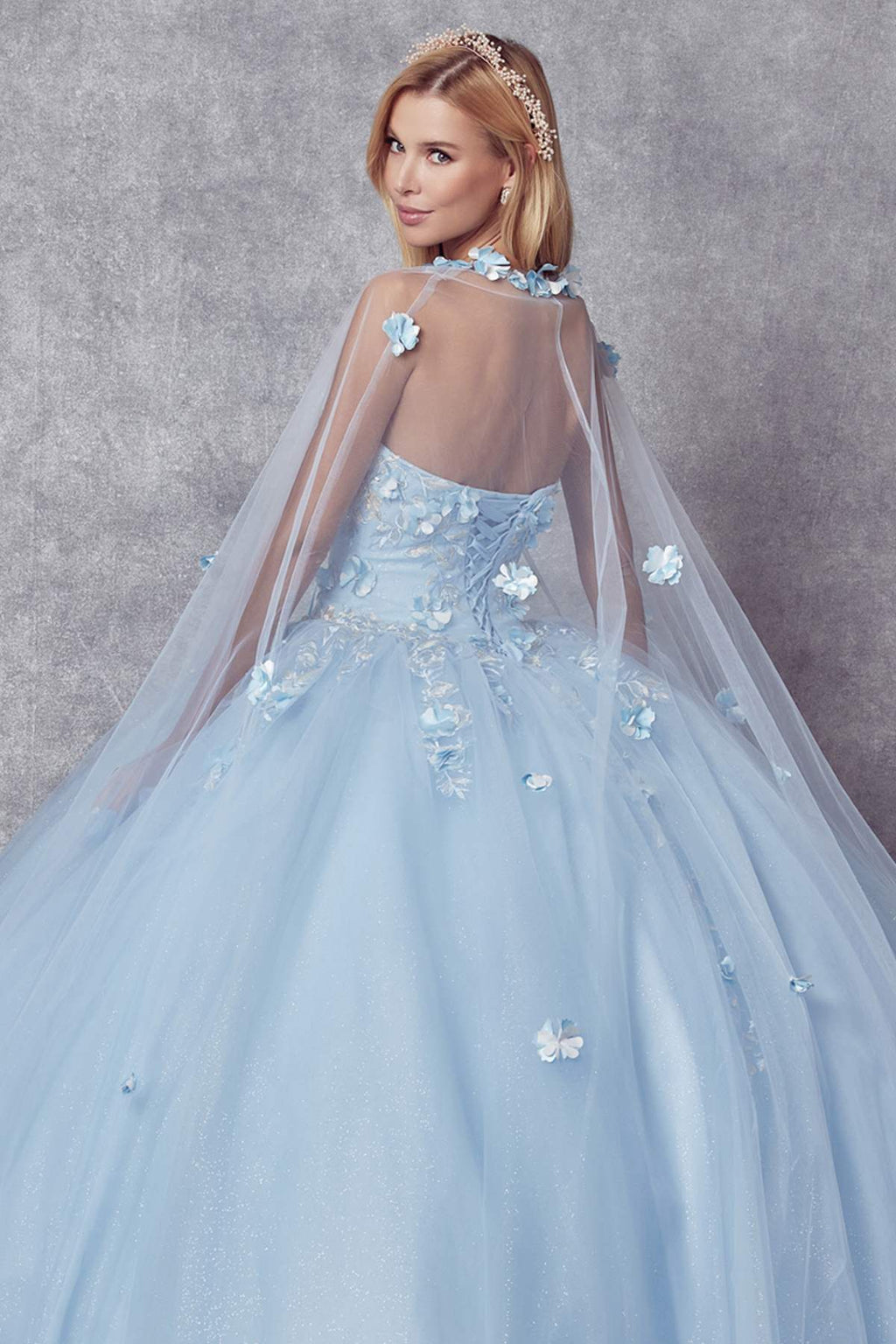 Light blue A-line ball gown with sheer veil and floral appliqué details