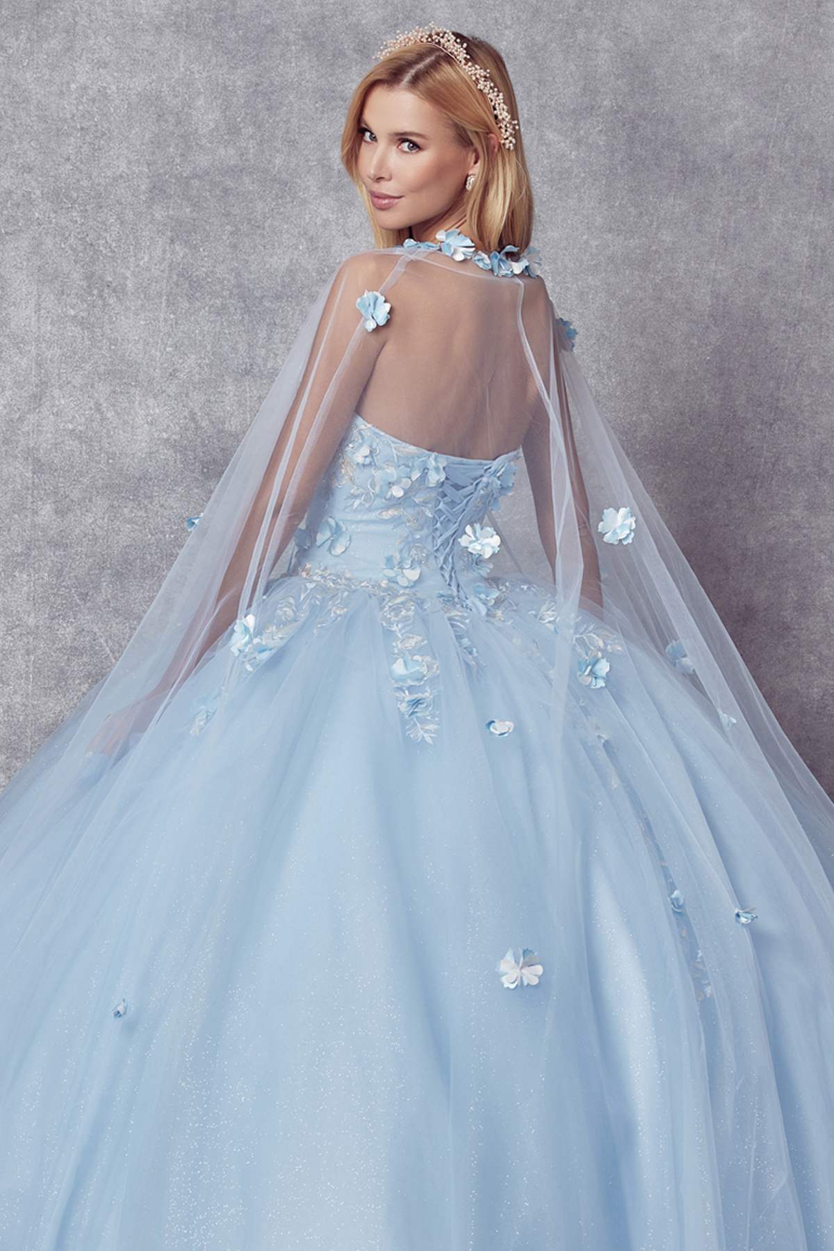 Light blue A-line ball gown with sheer veil and floral appliqué details