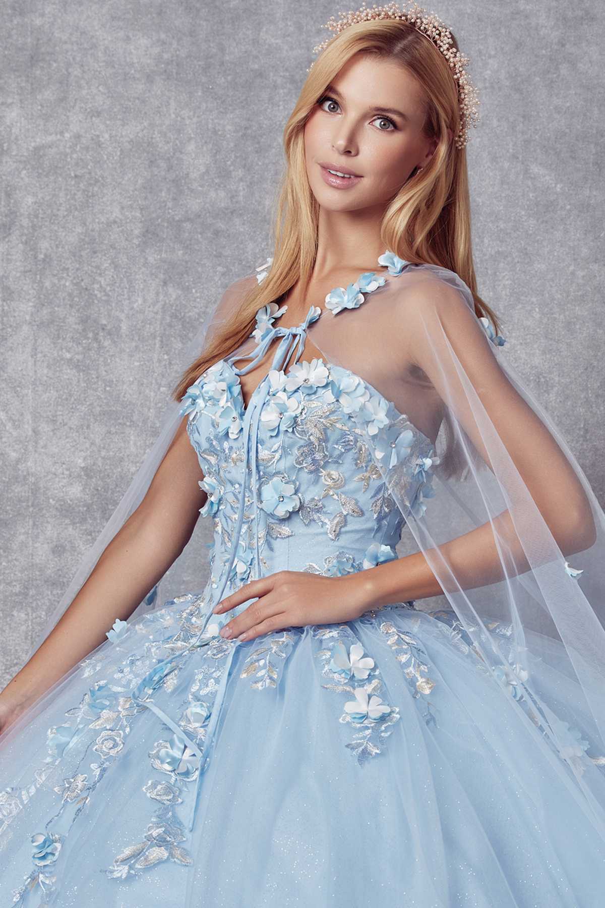Light blue A-line ball gown with illusion straps, floral appliqué, and tulle skirt