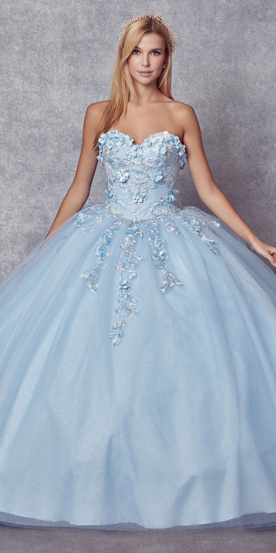 Light blue A-line ball gown with floral appliqué bodice and full tulle skirt