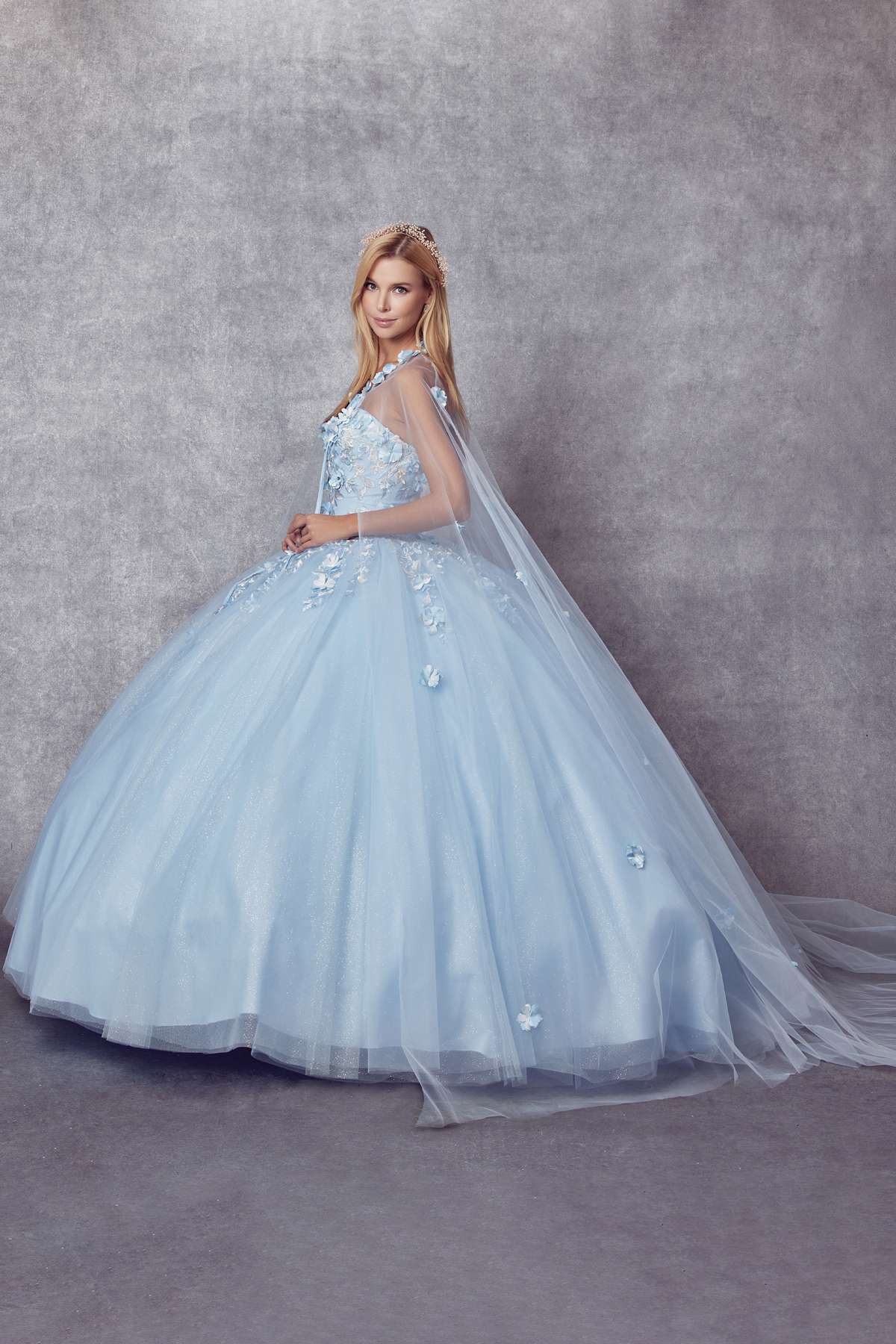 Light blue A-line ball gown with floral bodice embroidery and layered tulle skirt