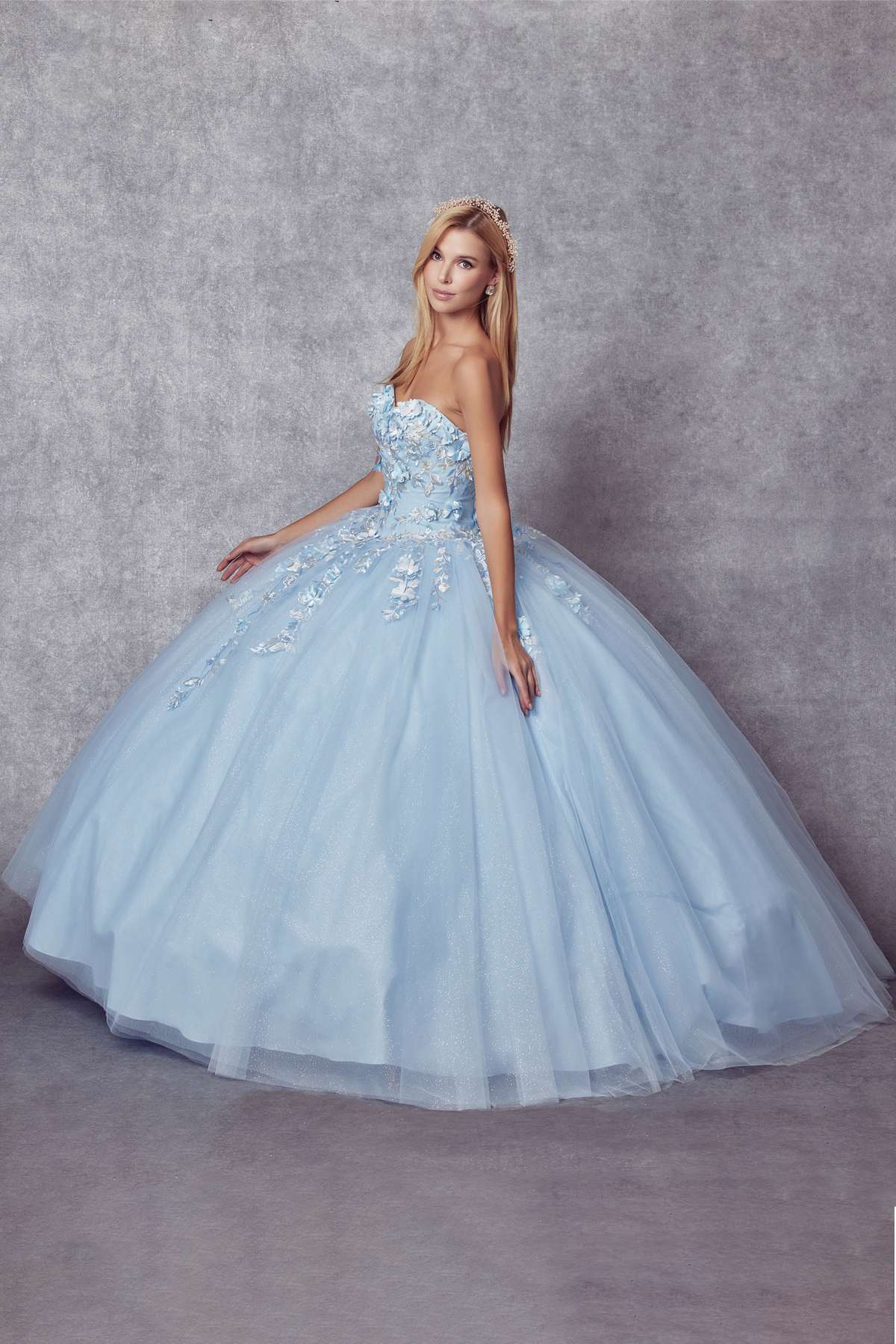Light blue A-line ball gown with off-shoulder floral appliqué bodice and tulle skirt