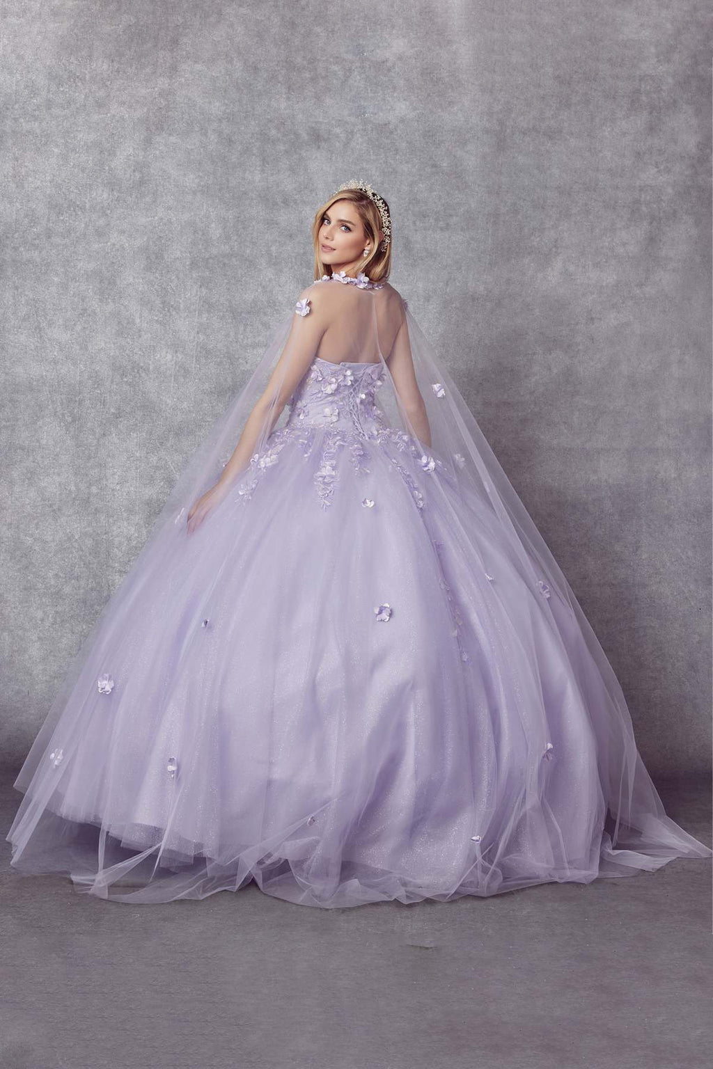 Lilac A-line ball gown with high-neck floral bodice and layered tulle skirt
