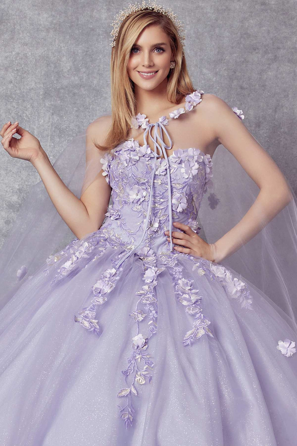 Lilac A-line ball gown with floral 3D appliqué bodice and full tulle skirt