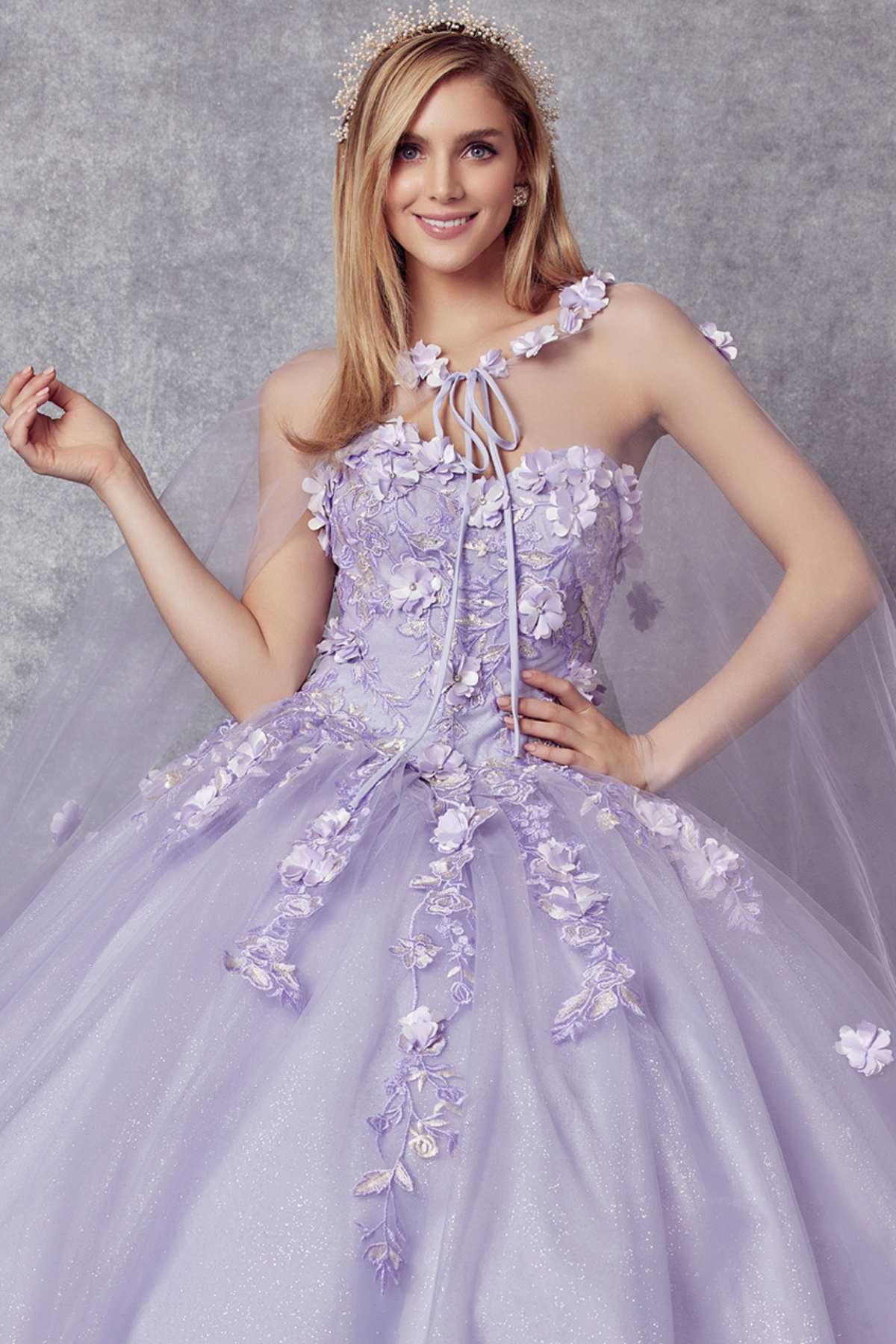 Lilac A-line ball gown with floral 3D appliqué bodice and full tulle skirt